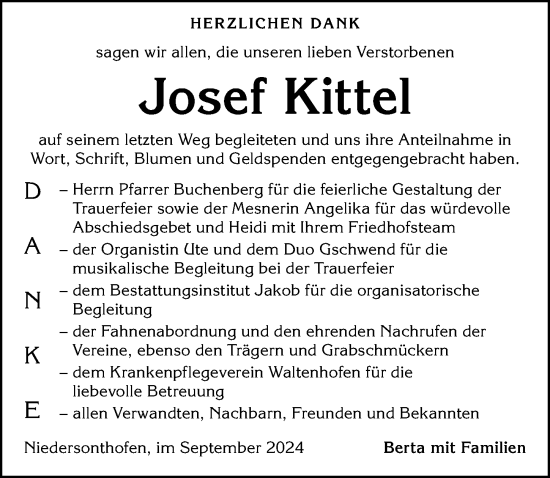 Traueranzeige von Josef Kittel von Allgäuer Anzeigeblatt
