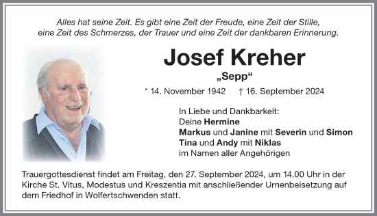 Traueranzeige von Josef Kreher von Memminger Zeitung