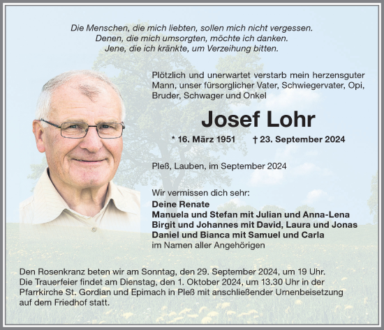 Traueranzeige von Josef Lohr von Memminger Zeitung