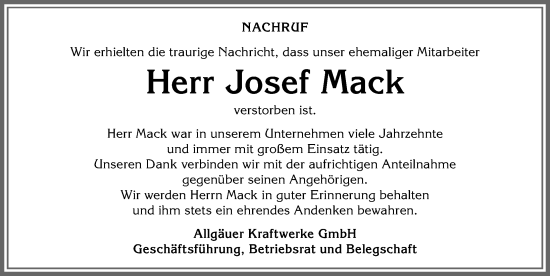 Traueranzeige von Josef Mack von Allgäuer Anzeigeblatt