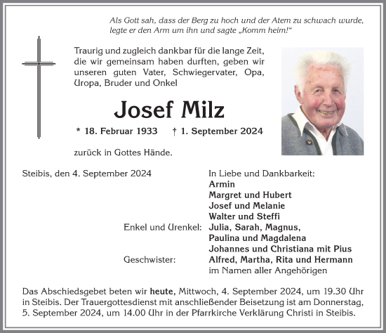 Traueranzeige von Josef Milz von Allgäuer Anzeigeblatt