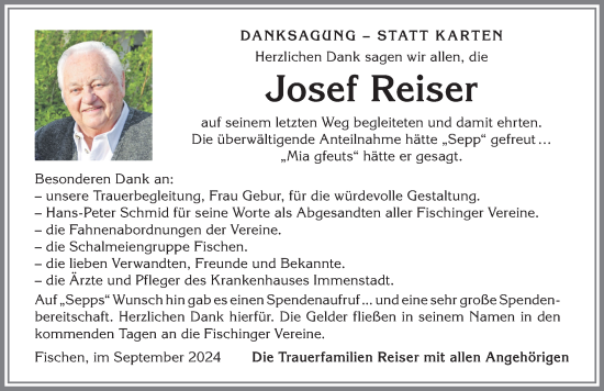 Traueranzeige von Josef Reiser von Allgäuer Anzeigeblatt
