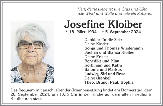 Traueranzeige von Josefine Kloiber von Allgäuer Zeitung, Kaufbeuren/Buchloe