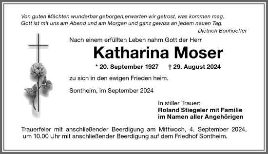 Traueranzeige von Katharina Moser von Memminger Zeitung