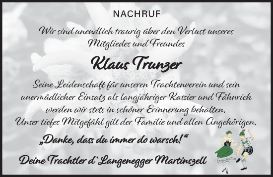 Traueranzeige von Klaus Trunzer von Allgäuer Zeitung,Kempten