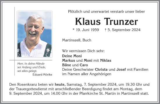 Traueranzeige von Klaus Trunzer von Allgäuer Zeitung,Kempten