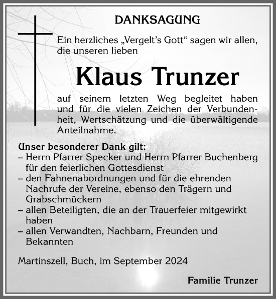 Traueranzeige von Klaus Trunzer von Allgäuer Zeitung,Kempten