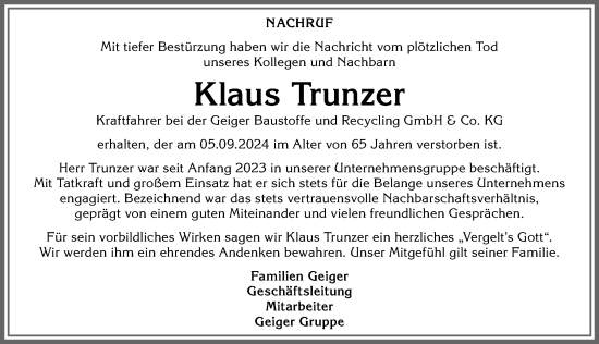 Traueranzeige von Klaus Trunzer von Allgäuer Zeitung,Kempten