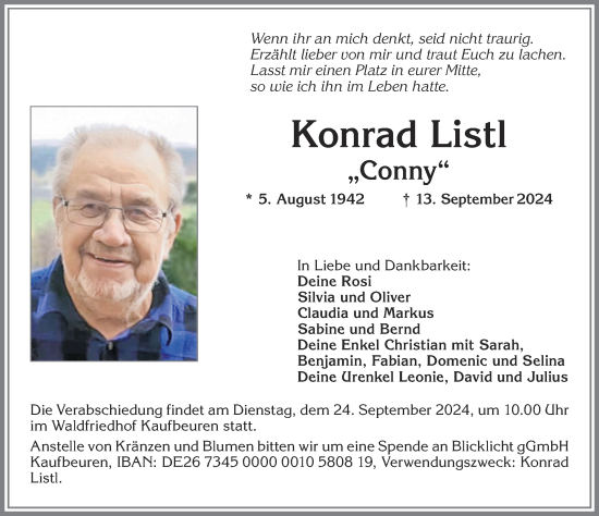 Traueranzeige von Konrad Listl von Allgäuer Zeitung, Kaufbeuren/Buchloe