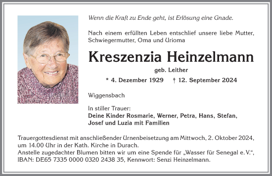 Traueranzeige von Kreszenzia Heinzelmann von Allgäuer Zeitung,Kempten