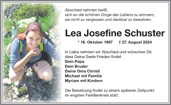 Traueranzeige von Lea Josefine Schuster von Memminger Zeitung