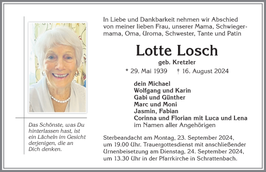 Traueranzeige von Lotte Losch von Allgäuer Zeitung,Kempten