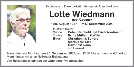 Traueranzeige von Lotte Wiedmann von Memminger Zeitung