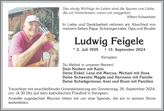 Traueranzeige von Ludwig Feigele von Allgäuer Zeitung,Kempten
