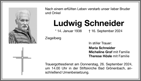 Traueranzeige von Ludwig Schneider von Memminger Zeitung