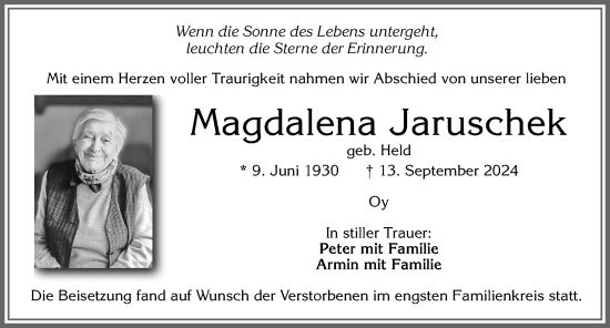 Traueranzeige von Magdalena Jaruschek von Allgäuer Zeitung,Kempten