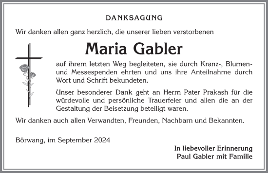 Traueranzeige von Maria Gabler von Allgäuer Zeitung,Kempten