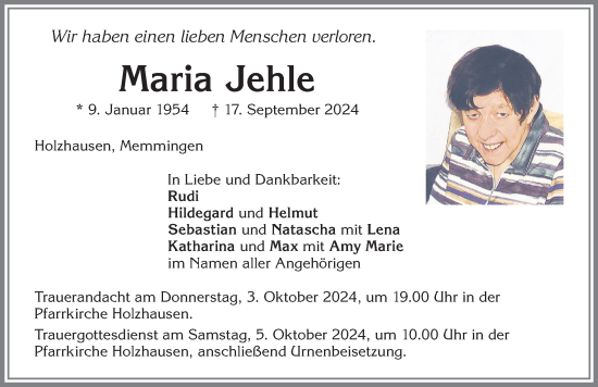 Traueranzeige von Maria Jehle von Landsberger Tagblatt, Augsburger Allgemeine