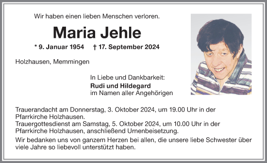 Traueranzeige von Maria Jehle von Memminger Zeitung