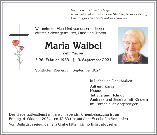 Traueranzeige von Maria Waibel von Allgäuer Anzeigeblatt