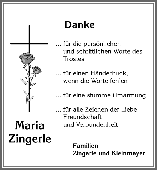 Traueranzeige von Maria Zingerle von Allgäuer Zeitung,Kempten