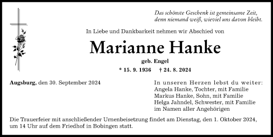 Traueranzeige von Marianne Hanke von Augsburger Allgemeine