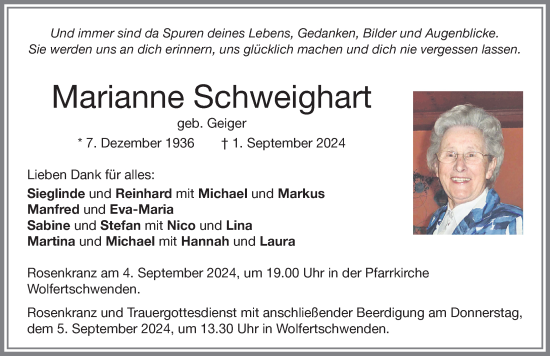 Traueranzeige von Marianne Schweighart von Memminger Zeitung