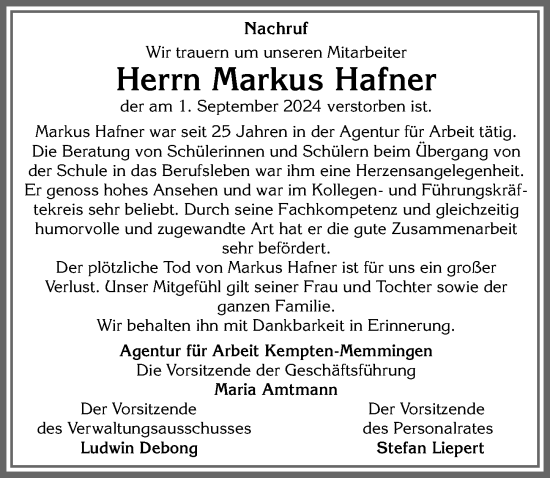 Traueranzeige von Markus Hafner von Allgäuer Zeitung, Marktoberdorf