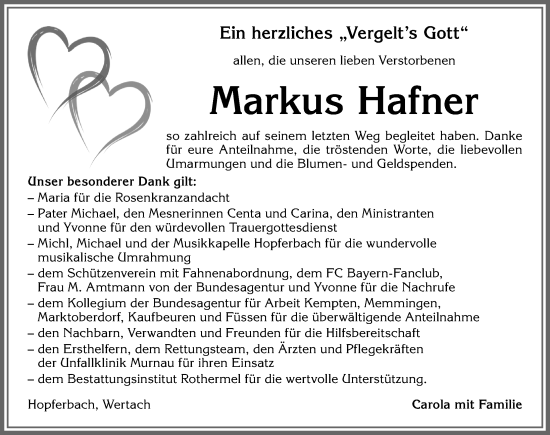 Traueranzeige von Markus Hafner von Allgäuer Zeitung, Marktoberdorf
