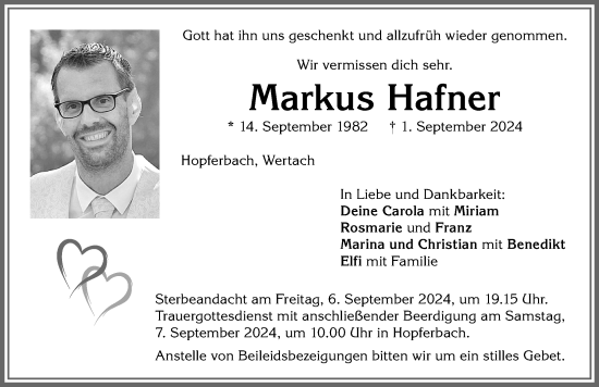 Traueranzeige von Markus Hafner von Allgäuer Zeitung, Marktoberdorf