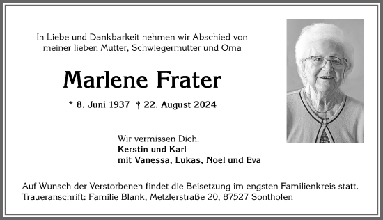 Traueranzeige von Marlene Frater von Allgäuer Anzeigeblatt