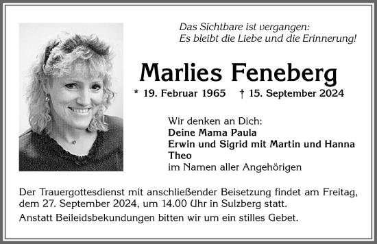 Traueranzeige von Marlies Feneberg von Allgäuer Zeitung,Kempten