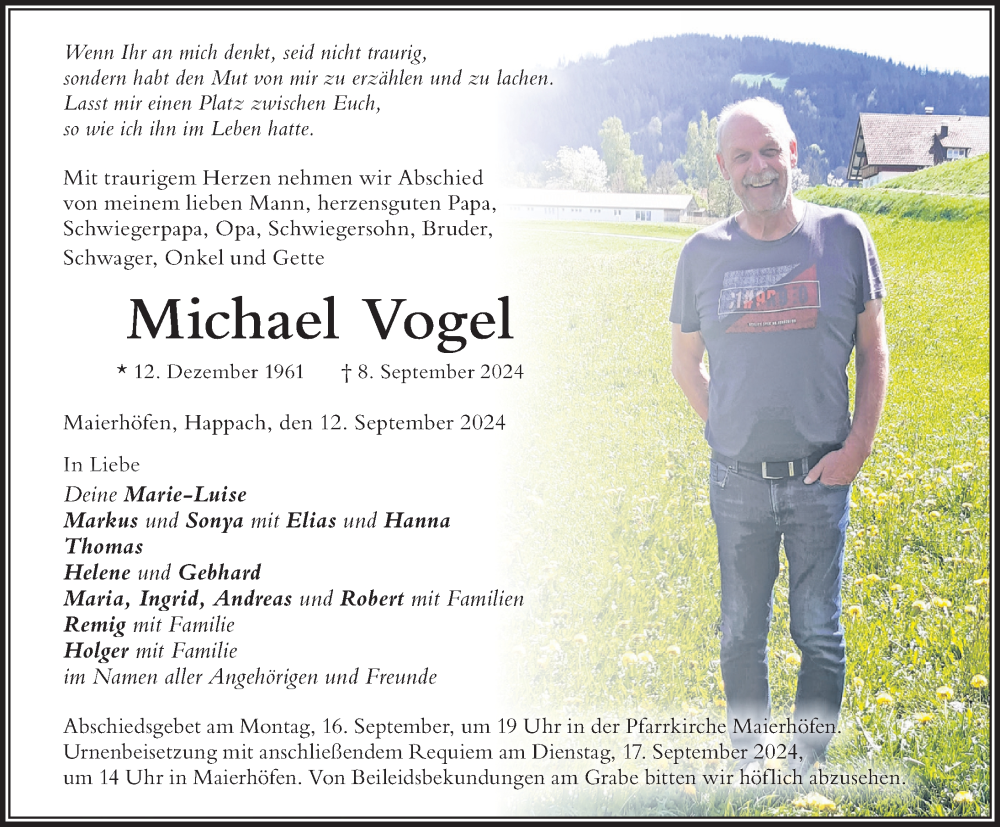  Traueranzeige für Michael Vogel vom 12.09.2024 aus Der Westallgäuer