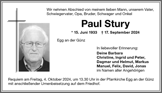 Traueranzeige von Paul Stury von Memminger Zeitung