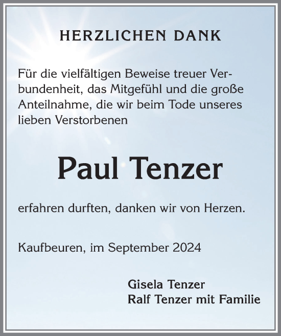 Traueranzeige von Paul Tenzer von Allgäuer Zeitung, Kaufbeuren/Buchloe