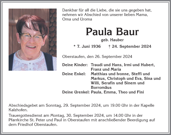 Traueranzeige von Paula Baur von Der Westallgäuer