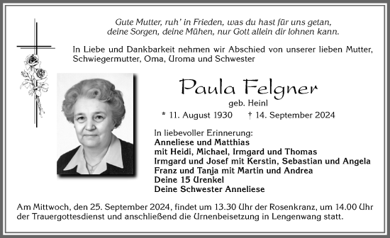 Traueranzeige von Paula Felgner von Allgäuer Zeitung, Marktoberdorf