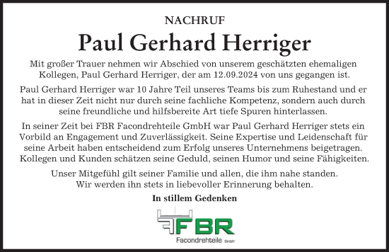 Traueranzeige von Paul Gerhard Herriger von Memminger Zeitung