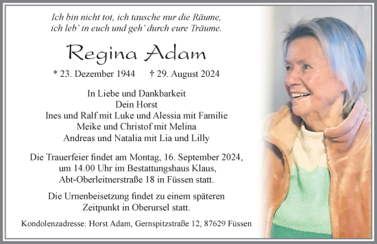 Traueranzeige von Regina Adam von Allgäuer Zeitung, Füssen