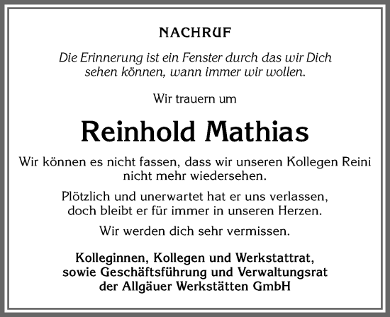Traueranzeige von Reinhold Mathias von Allgäuer Zeitung,Kempten