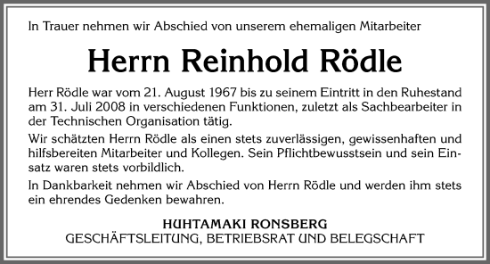 Traueranzeige von Reinhold Rödle von Memminger Zeitung