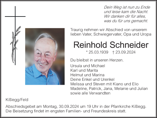Traueranzeige von Reinhold Schneider von Der Westallgäuer