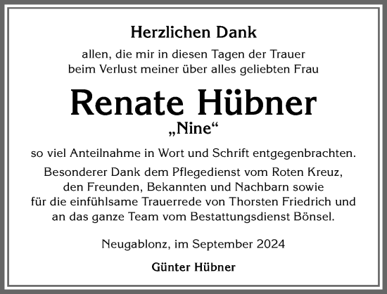Traueranzeige von Renate Hübner von Allgäuer Zeitung, Kaufbeuren/Buchloe