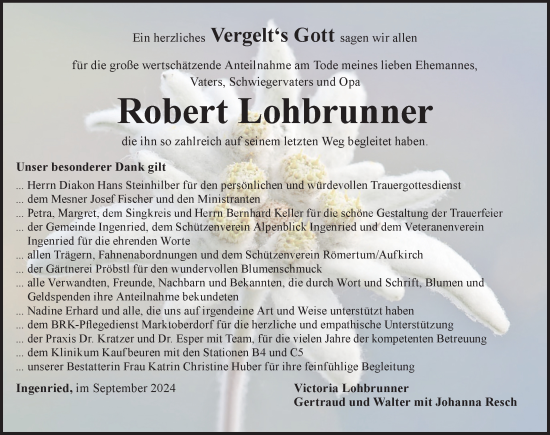 Traueranzeige von Robert Lohbrunner von Allgäuer Zeitung, Kaufbeuren/Buchloe