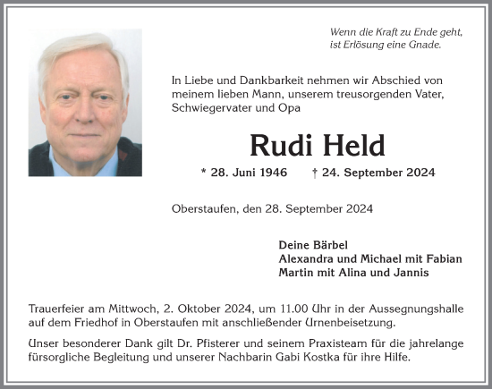 Traueranzeige von Rudi Held von Allgäuer Anzeigeblatt