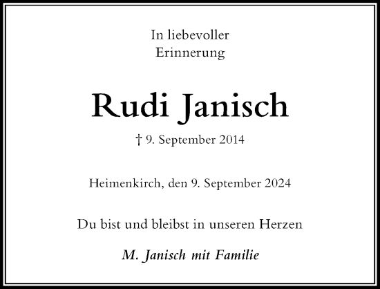 Traueranzeige von Rudi Janisch von Der Westallgäuer
