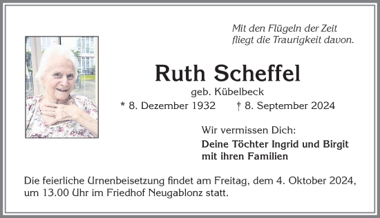 Traueranzeige von Ruth Scheffel von Allgäuer Zeitung, Kaufbeuren/Buchloe