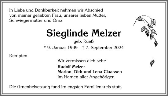 Traueranzeige von Sieglinde Melzer von Allgäuer Zeitung,Kempten