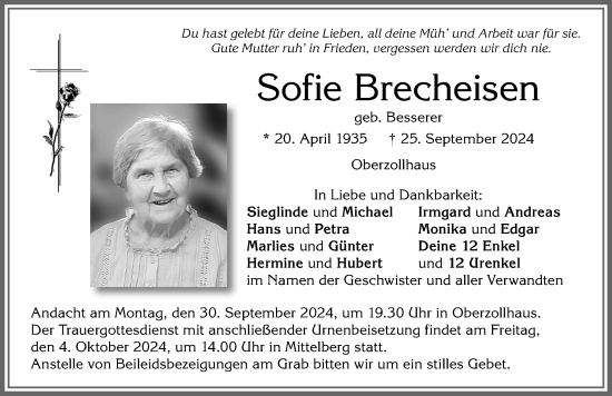 Traueranzeige von Sofie Brecheisen von Allgäuer Zeitung,Kempten