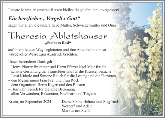 Traueranzeige von Theresia Abletshauser von Allgäuer Zeitung, Marktoberdorf